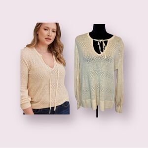 Torrid Pointelle Pullover Sweater Tie Neck Beige Size 1X